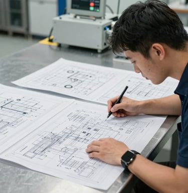 A professional electrical engineer in a clean, modern workshop reviewing large printed blue schematics spread across a steel table. The mood is precise and technical.