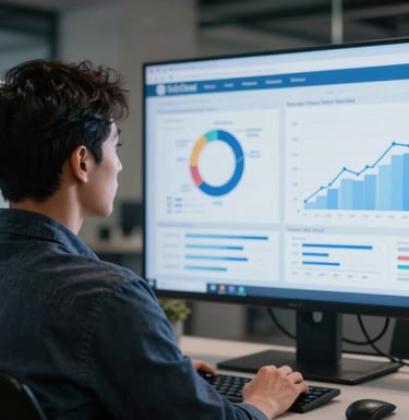 A professional in a International / Global co-working space looking at a large screen displaying social media analytics and growth charts. The mood is trustworthy and results-oriented, with steel blue lighting.