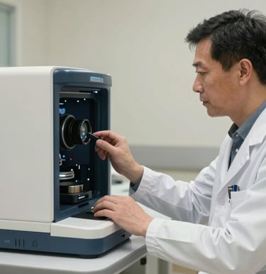 A medium shot of a scientist in professional attire working with a sophisticated medical diagnostic interface in a North American clinical setting. Soft, clean lighting emphasizes precision, using off-white and dark blue palette.