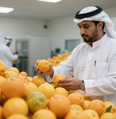 A sharp, professional photograph of an inspector in a Middle Eastern facility checking the quality of fresh citrus fruit, clean industrial background, natural daylight.