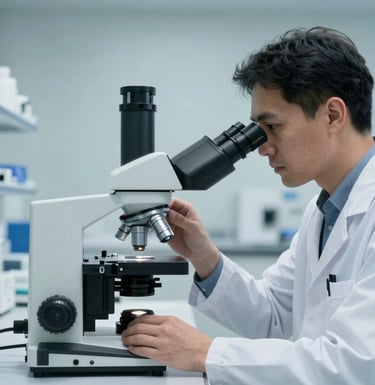 A professional researcher in a clean laboratory environment using a high-end microscope. The setting is bright and clean with a palette of light blue and white. North American / International workplace attire.