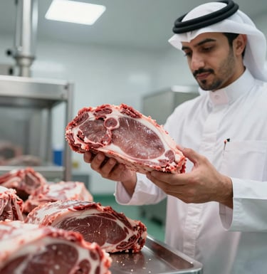 Close-up of a professional in a clean, modern food processing facility in the Middle Eastern / Gulf region, inspecting premium cuts of meat, sterile environment, bright and trustworthy lighting.
