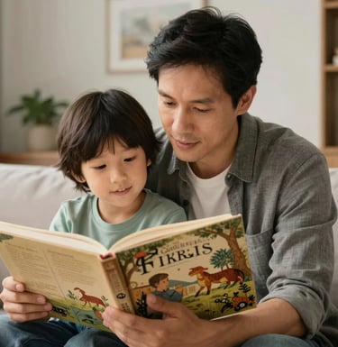 A high-quality photography shot of a parent and child looking at an illustrated history book together in a modern Georgia home. Warm, supportive lighting with a focus on shared learning.