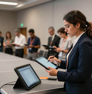 A professional Latin American event coordinator with a digital tablet, overseeing a team setting up a sleek stage in a modern conference hall. The lighting is bright and clear, with orange accents on the equipment.