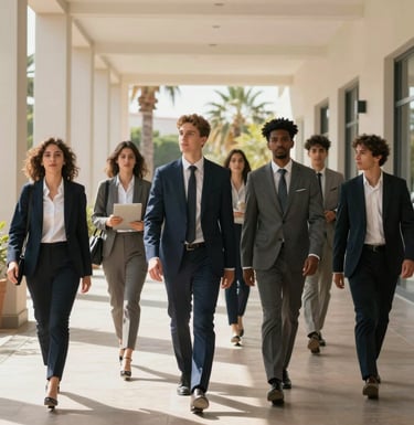 An elegant photo of a diverse group of students in professional business attire walking through a sunlit, modern Mediterranean campus corridor with palm trees visible through the windows.