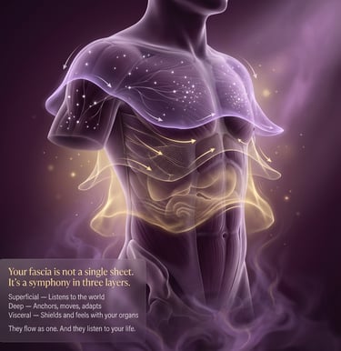 Anatomical illustration of fascia layers and muscle tissue during massage treatment