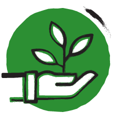 icoon in groen en zwart-wit van een hand met een plantje