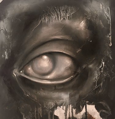 Black and white image of an eye. Lens is milky. White chalk highlights textures on black paint.