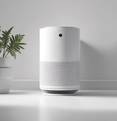 Sleek air purifier and green plant against a grey wall for a clean, non-toxic home.