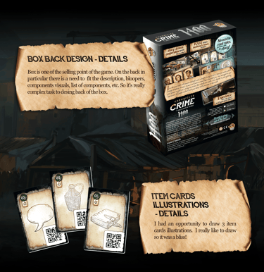 Details of back of the box design. I illustrated some cards.