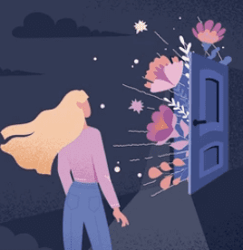 a woman with long blond hair is about to enter an ajar door with lots of flowers coming out of it