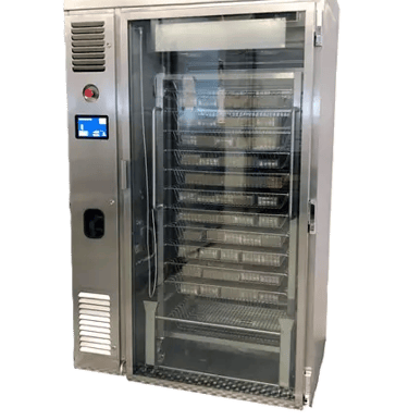 Industrial stainless steel thawing cabinet with glass door and digital control panel.
