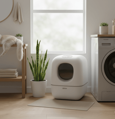 White self-cleaning litter box in a bright laundry room with a cat.