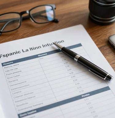 A close-up, top-down view of an open financial audit document on a wooden desk, a luxury pen, and a pair of spectacles, in a Spanish / Latin American professional office setting.