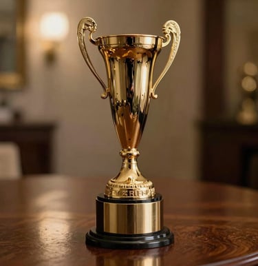 A cinematic close-up shot of a golden trophy standing elegantly on a polished dark wood table, with soft champagne bokeh lights reflecting in the background. Hollywood glamour, North American / US atmosphere.