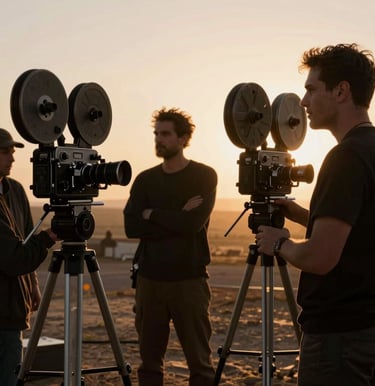 A vintage photography style behind-the-scenes shot of a movie set with retro film cameras, warm golden hour backlighting, charcoal silhouette of directors, representing classic Hollywood era. North American / US context.