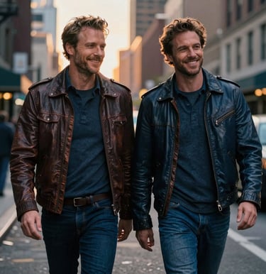 A dramatic cinematic photo capturing the camaraderie of two male actors in casual leather jackets walking down a city street at sunset, smiling. Rich deep blue tones and warm champagne highlights. North American / US city.