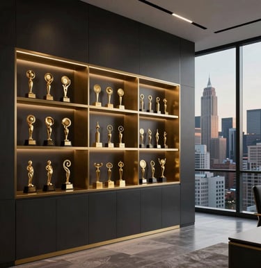 A sleek, modern production office with golden awards on shelves, minimalist design, large glass windows showing a North American / US city skyline at dusk, blending rich charcoal and metallic gold accents.