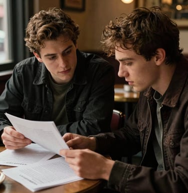 A raw, nostalgic film photo of two young men passionately debating over written pages on a table in a dimly lit Boston cafe. Deep charcoal shadows and warm gold light, capturing genuine friendship. North American / US setting.