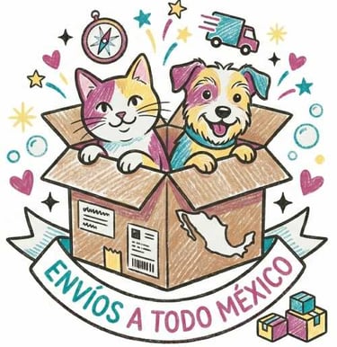 Dibujo a crayón de perro y gato dentro de una caja de envío para entrega en todo México. 