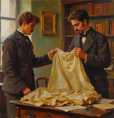 Two men examining an old and faded wedding dress they just found.