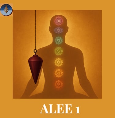 Unhomme avec 7 chakras et un pendule devant