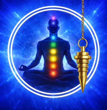 un homme assis en lotus avec les 7 chakras dans deux cercles blanc