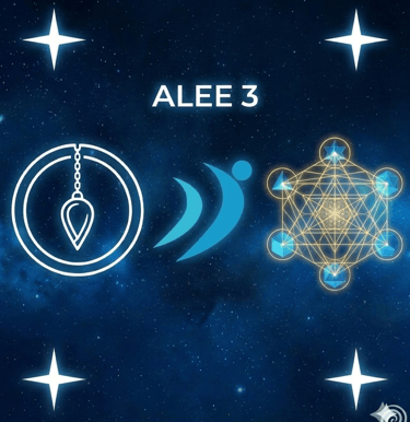 un pendule, le logo nerti et le cube de métatron dans un ciel étoilé