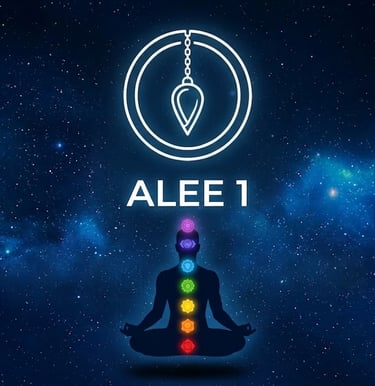 logo d'un pendule et d'unhomme avec chakras dans un ciel de nuit étoilé