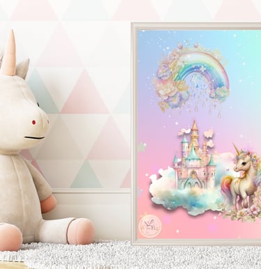 wall art print for nursery of a unicorn and rainbow