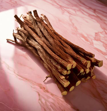 Radici di liquirizia appoggiate su una superficie di marmo rosa