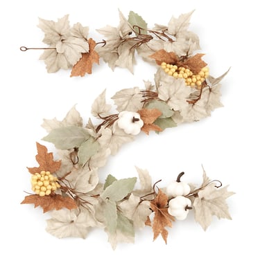 Neutral fall garland with soft leaves, cotton, and berries in an S-shape on white background