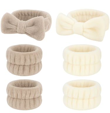 Fluffy cream and beige headbands with wristbands.