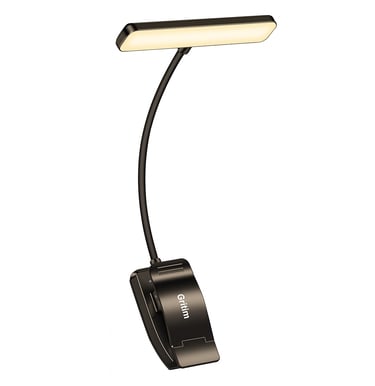 Black clip-on LED book light with flexible neck and warm glow.