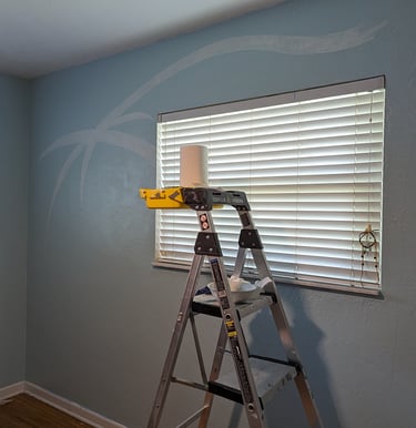 How to paint a mural around a large window. A bedroom adjoining walls mural project in photos. Wall 1