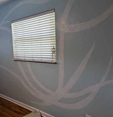 How to paint a mural around a large window. A bedroom adjoining walls mural project using movement wall one.