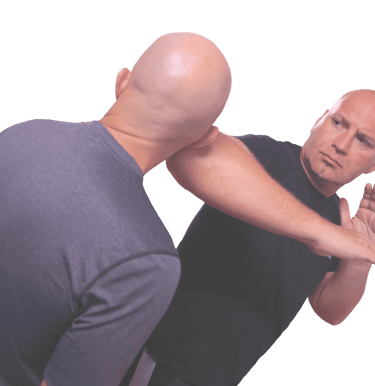 a man in a black shirt is doing a krav maga move
