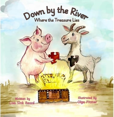 Children's book cover for Down by the River featuring a pig and goat holding puzzle pieces over a treasure chest.