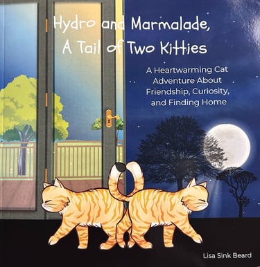 Book cover of Hydro and Marmalade, A Tail of Two Kitties, featuring two orange tabby cats under a full moon.