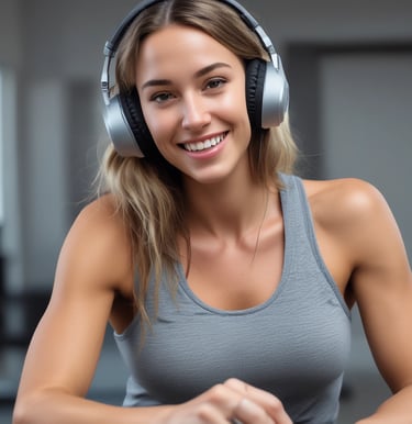 Athletic woman wearing a professional gaming headset with microphone and grey tank top.