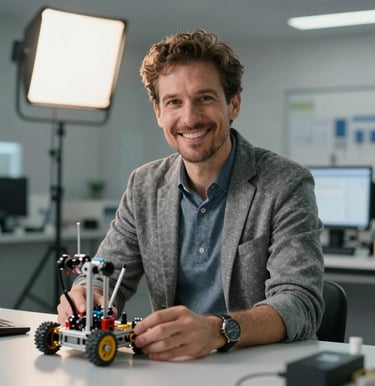 A professional portrait of an educator in an International / Global tech lab setting, smiling warmly near educational robotics gear, backlit by soft clean studio light.