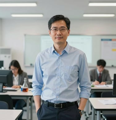 A clear portrait of an AI researcher and educator standing in a bright modern classroom with STEM materials and clean design elements in an International / Global venue.