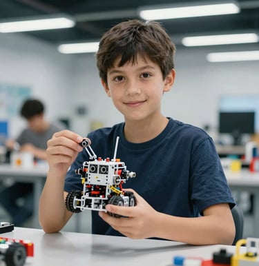 A portrait of a children's robotics specialist in an International / Global modern innovation hub, holding a modular robot component in a friendly, approachable posture.