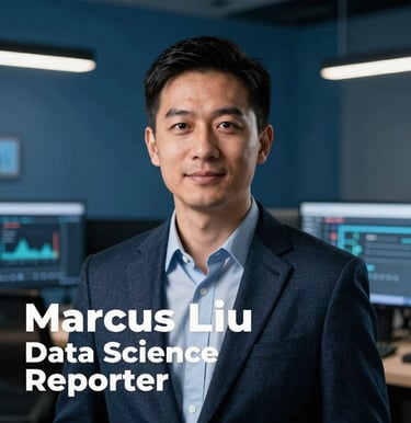 Professional headshot portrait of Marcus Liu, Data Science Reporter, set inside a North American / US digital publishing workspace. Steel blue background with ambient office lighting, tailored apparel, sleek high-contrast photo journalism aesthetic.
