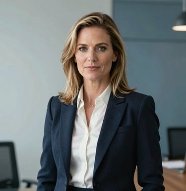 Professional editorial portrait of Emma Carter, Editor-in-Chief, in a modern North American / US news office. Dressed in sharp business formal attire against a soft light gray and steel blue wall background. Natural soft lighting, authoritative posture, medium close-up portrait photography.