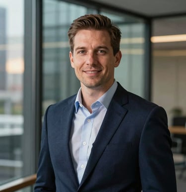 Professional editorial portrait of Daniel Brooks, Senior AI Finance Lead, in a sleek North American / US glass office. Dressed in tailored modern business attire against a background of dark navy blue tones with soft warm daylight. Sharp focus, professional digital media headshot.