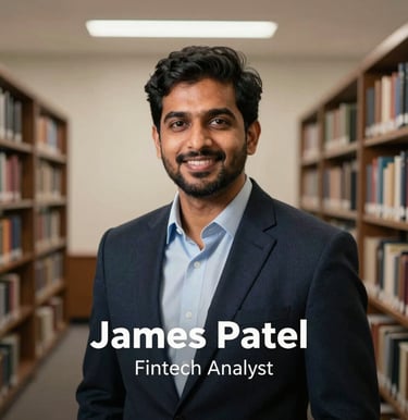 Professional headshot portrait of James Patel, Fintech Analyst, in a North American / US corporate library room. Clean off-white and deep dark navy ambient lighting, wearing executive casual attire, captured in crisp, high-resolution journalism style.
