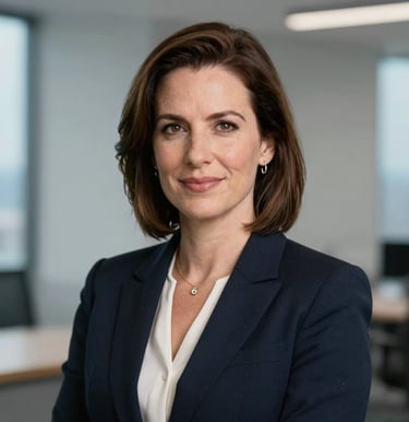 Professional headshot portrait of Olivia Bennett, Enterprise AI Strategist, in a North American / US modern office studio. Soft light gray wall backdrop with subtle bright ocean blue accent highlights, elegant corporate attire, authoritative financial media portrait.