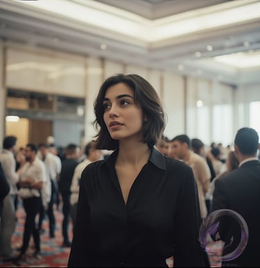 Portrait of fictional character AYLEEN by author Ophelio, she is alone at a work event