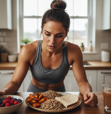 Female runner looking at a plate of carb-rich foods like sweet potatoes and quinoa in a kitchen.